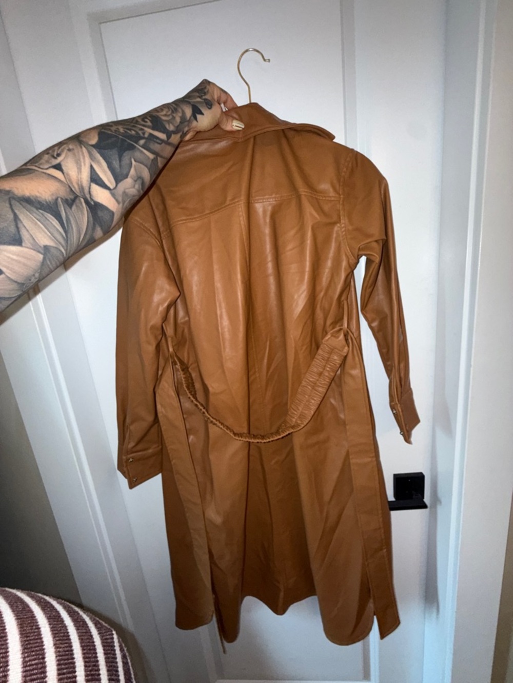 Classic Tan Faux-Leather Trench Coat